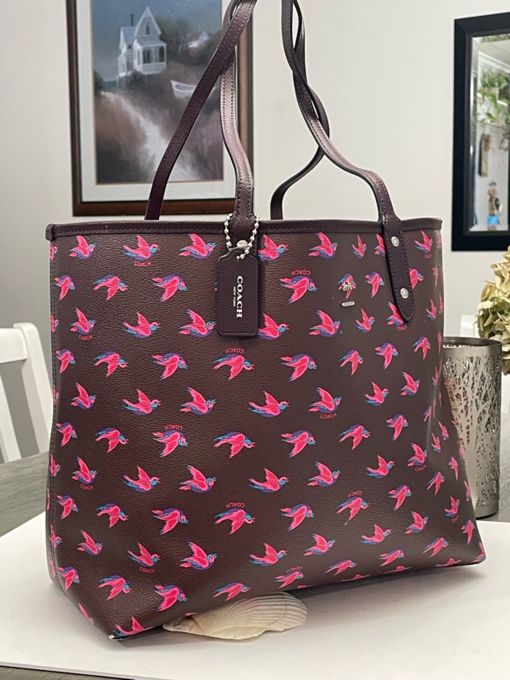 Coach reversible Maroon Tote with Pink Bird Motif - Picture 5 of 15